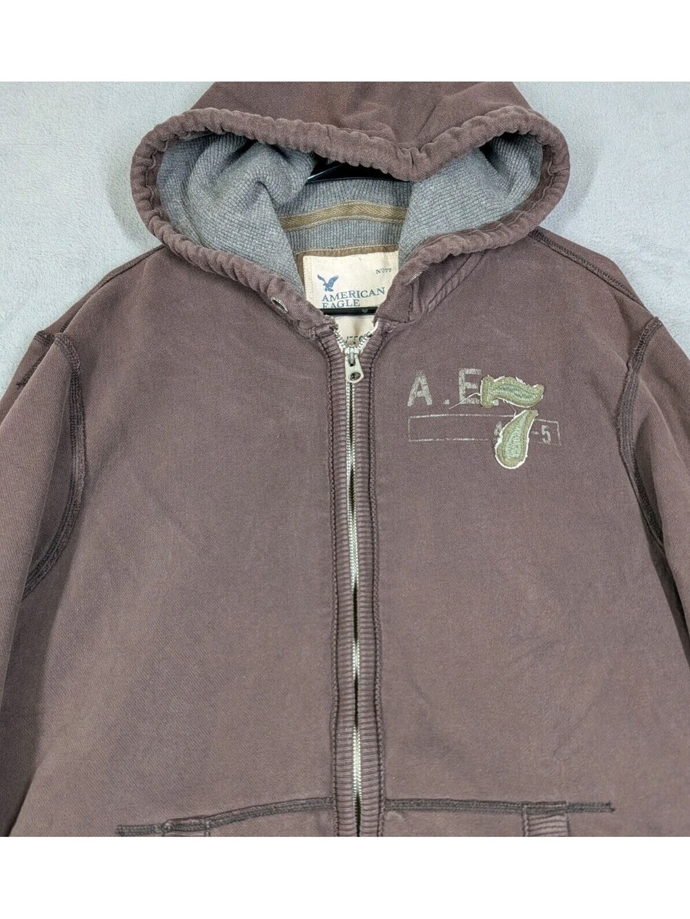 American Eagle Mens XL Brown Y2K Full Zip Hoodie Distressed Graphic Waffle Lined